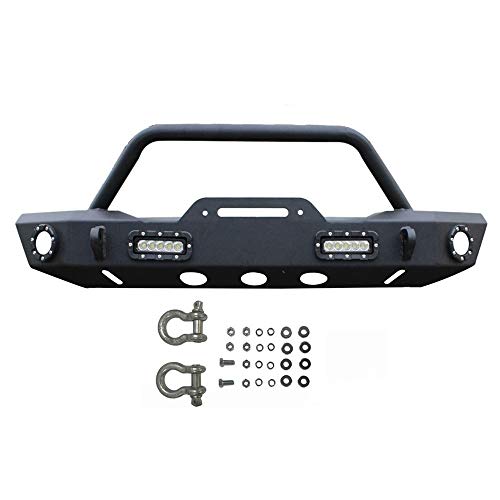 U-Drive JK Front Bumper, Black Textured Rock Crawler Bumper with 4 Led Lights and Winch Plate for 2007-2018 Jeep Wrangler