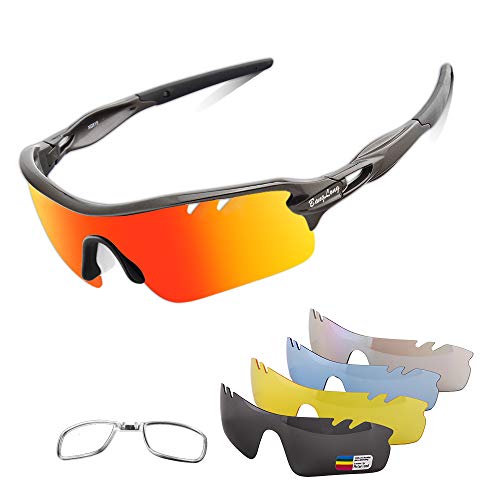 Polarized Sports Sunglasses Cycling Sun Glasses for Men Women with 5 Interchangeable Lenes for Running Baseball Golf Driving (Black+Black)
