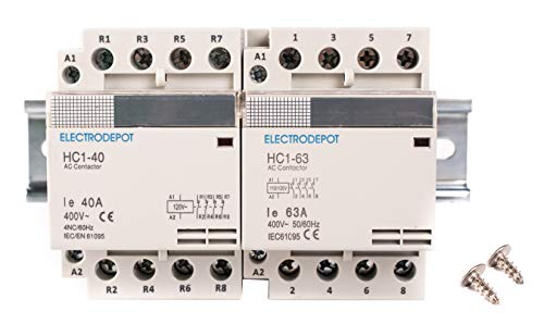 Electrodepot 40 Amp 8 Pole (4 Pole x 2) Normally Open, 110-120VAC Coil (Silent Operation), Motor Load 40A and Lighting Load 63A Contactor Bundle with DIN Rail, 35 x 150 mm and 2#10 Screws