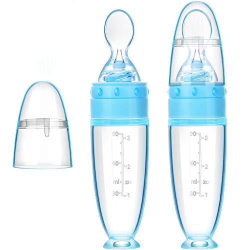 2 Pieces Baby Silicone Feeding Bottle Spoon Baby Food Feeder with Standing Base for Infant Dispensing and Feeding (Blue)
