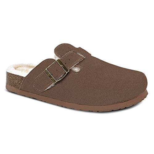 Cow Suede Leather Clogs,Boston Soft Footbed Clog,Cork Clogs Shoes for Women,Plush Lined,Antislip Sole Slippers Mules Tan
