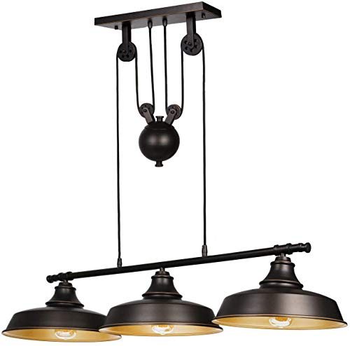 3-Light Pulley Pendant Lighting, Adjustable Kitchen Island Lights, (LED Edison Bulbs as Bonus), Farmhouse Vintage Ceiling Light Fixtures, Oil Rubbed Bronze/Bronze, ETL Listed