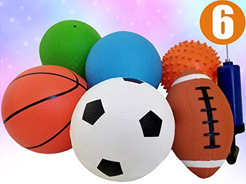 Pack of 6 Sports Balls with 1 Pump - 5' Soccer, 5' Basketball, 5' Volleyball, 5' Playground, 5' Knobby Ball, and 6.5' Football - Best Toy Gift for Kids Toddler Baby Boys and Girls Age 1, 2 and 3