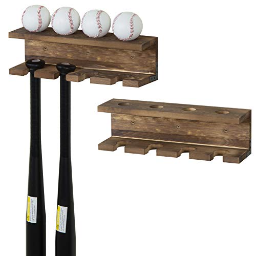 MyGift Wall-Mounted Burnt Wood Baseball Bat Rack and Ball Storage Shelf, Set of 2