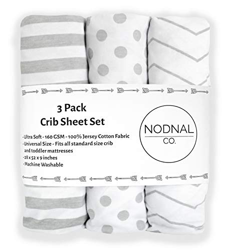 NODNAL CO. Gray Fitted Crib Sheets Set 3 Pack Standard Baby or Toddler Mattress Jersey Knit Cotton Girl/Boy Nursery Bedding - Chevron, Polka Dot, Stripe 160 GSM Sheet (Crib/Toddler Sheets)