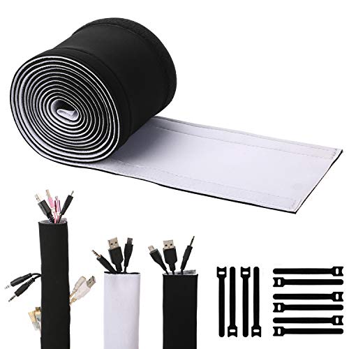 Cable Management Sleeves, ENVEL Neoprene Cord Organizer with Free Nylon for TV USB PC Computer Network Wires (118 inches) DIY by Yourself, Adjustable Black and White Reversible Wire Hider