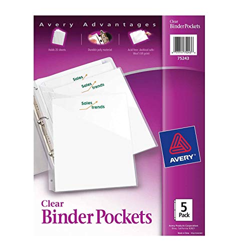 Avery Binder Pockets, Clear, 8.5' x 11', Acid-Free, Durable, 5 Slash Jackets (75243)