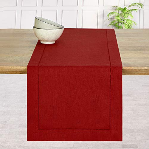 D'Moksha Homes 100% Pure Linen Hemstitch Table Runner - 14 x 36 Inch Divine Red, Natural Fabric European Flax, Machine Washable, Handcrafted Dresser Scarf with Mitered Corners, Great Gift Choice