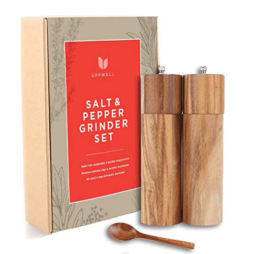 Salt and Pepper Grinders Refillable - Salt and Pepper Grinder Set Made from Sustainable Wood - Acacia Spoon, Salt and Pepper Mill, Salt Pepper Grinder - We plant a Tree with Every Purchase