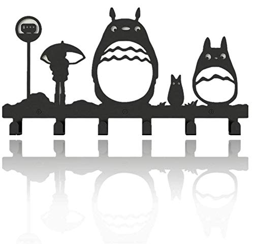 Cat Coat Hooks Wall Mounted Bag Hanger,6 Hooks Storage Rack Originality Clothing Hooks Key Holder Belt and Hat Organizer Totoro Pattern Black