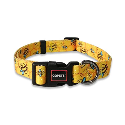 QQPETS Dog Collar Personalized Adjustable Custom Basic Collars Soft Comfortable for Puppy Small Medium Large Dogs or Cats Outdoor Training Walking Running (S, Yellow Bee)