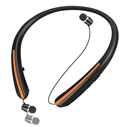 Bluetooth 5.0 Headphones, Retractable Earbuds Wireless Headset Noise Canceling Stereo Neckband Sports Earphones with Mic for iPhone/Samsung/Android by LINYY [2020 Upgraded, 20h Playtime] (Orange)