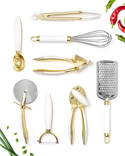 White & Gold Kitchen Tools and Gadgets - Luxe 8PC Cooking Tools and Gadgets with Anti-Slip Handles, Gold Utensils Set, Gold Kitchen Accessories and White Kitchen Utensil Set,Premium Kitchen Gadget Set