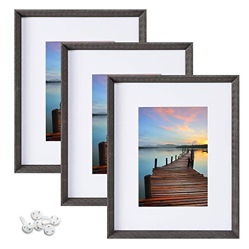 Sindcom 8x10 Picture Frame with High Definition Glass Face, Display Pictures 5x7 with Mat or 8x10 Without Mat, Rustic Photo Frames Collage for Wall or Tabletop Display,Set of 3,Dark Grey