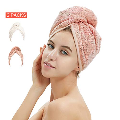 M-bestl 2 Pack Hair Towel Wrap,Hair Drying Towel with Button, Microfibre Hair Towel, Dry Hair Hat, Bath Hair Cap (Pink&Beige)