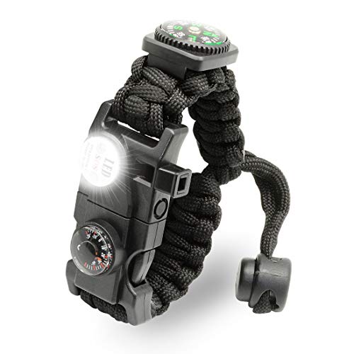 LeMotech 21 in 1 Adjustable Paracord Survival Bracelet, Tactical Emergency Gear Kit Includes SOS LED Flashlight, Bigger Compass, Thermometer, Rescue Whistle and Fire Starter - Outdoor Hiking Camping