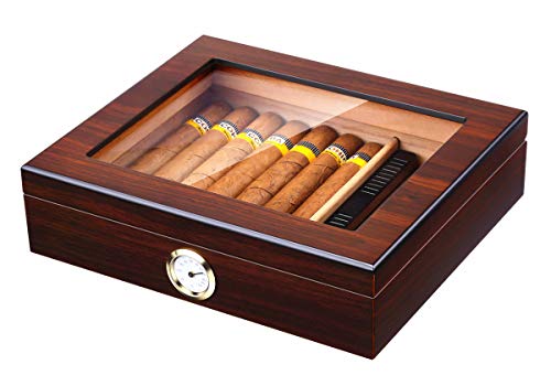 Handmade Cigar Humidor, Cedar Cigar Desktop Box with Humidifier and Hygrometer, Glass Top for 25 Cigars (20-25 Cigars)