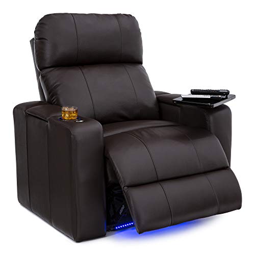 Seatcraft Julius Home Theater Seating Big & Tall 400 lbs Capacity - Top Grain Leather - Power Recline - Powered Headrest - USB Charging - Lighted Cupholders and Base (Single Recliner,Brown)