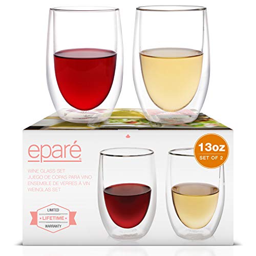 Wine Glasses - Set of 2-13 oz Tumbler Cup - Double Walled Glassware - Stemless Large Drinking Glass - Red & White Wine Tumblers by Eparé