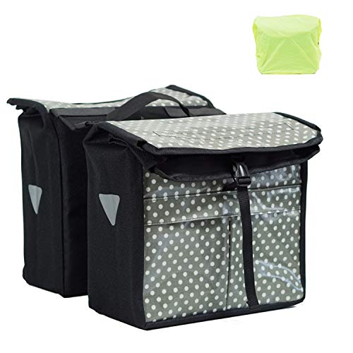 Vincita Top Load Double Pannier Water Resistant Cycling Side Bags - with Rain Cover, Large, Carrying Handle, Reflective Spots - Bike Rack Carrier Saddle Bag - Bicycle Accessories (Gray Dot)