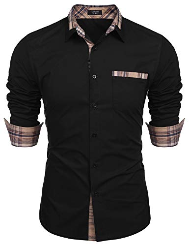 COOFANDY Men's Casual Cotton Long Sleeve Dress Shirt Plaid Collar Slim Fit Button Down Shirt (Medium, Black.)