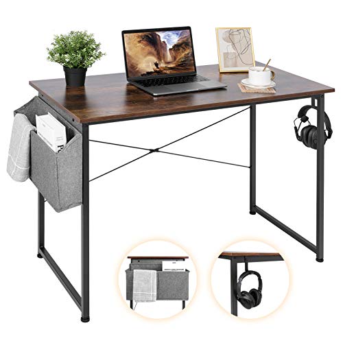 AuAg 39'' Small Computer Desk Home Office Desk, Simple Writing Desk with Storage, Vintage Desk Modern Laptop Desk Sturdy Work Table PC Computer Table, Small Home Desk Workstation- Rustic Brown