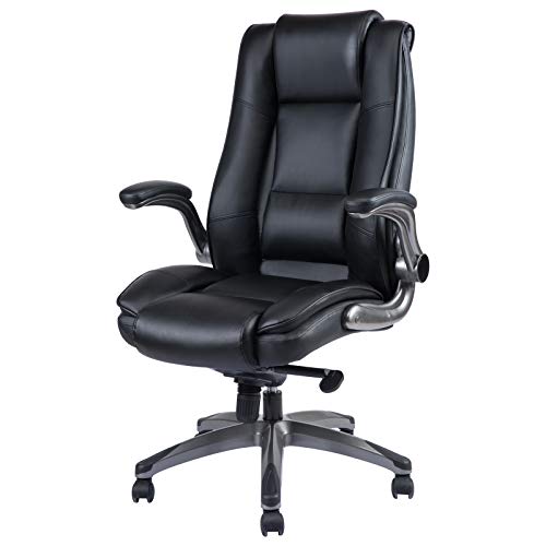 REFICCER Office Chair High Back Leather Executive Computer Desk Chair - Adjustable Tilt Angle and Flip-up Arms Swivel Chair Thick Padding for Comfort and Ergonomic Design for Lumbar Support, Black