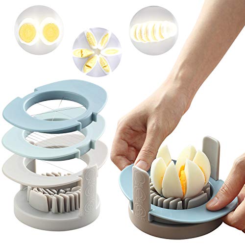Eggs Slicers, 3 In 1 Egg Cutter Wedger Hard Boiled Eggs and Fruit Slicers, Multifunctional Convenient Slicer with Stainless Steel Cutting Wires and Non-Slip Base(Blue)