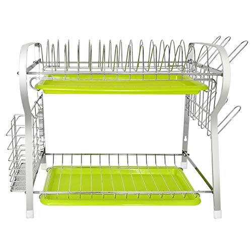 Cloudwalk Dish Drainer Rack Dish Drying Holder Rust Resistant Metal 2 Tier with Cup Drainer Utensil Basket and Drip Tray