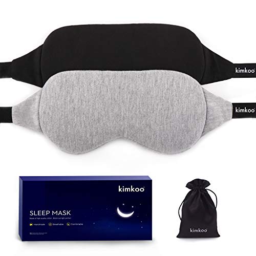 Kimkoo Cotton Sleep Mask-Sleeping Mask Blocking Out Light Perfectly for Women and Men, Soft and Comfortable Night Eye Mask for Sleeping, Blindfold for Travelling, with Pouch, 2 Pack,Black and Gray