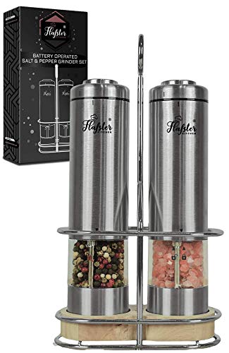 Electric Salt and Pepper Grinder Set - Battery Operated Stainless Steel Salt&Pepper Mills(2) by Flafster Kitchen -Tall Power Shakers with Stand - Ceramic Grinders with lights and Adjustable Coarseness