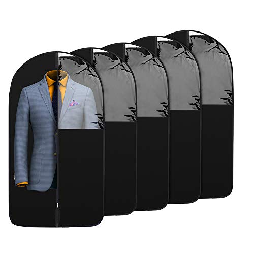 5PCS 43' Black Garment Bags Suits Bag for Travel and Wardrobe Closet Clothing Storage of Dresses, Dress Shirts, Coats— Includes Zipper and Transparent Window