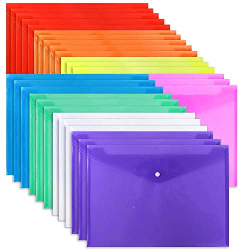 EOOUT 28pcs Poly Envelope Folder 8 Color Clear Plastic Envelope with Snap Button Closure A4 Size/Letter Size, for School Office