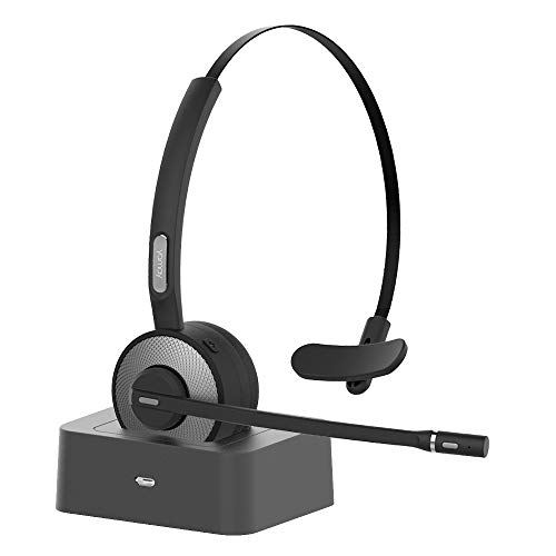 Bluetooth Headset, YAMAY Wireless Headset with Microphone (Noise Cancelling Mic) Charging Base Mute Button 19H Clear Talk Time Pro for Truck Driver Office Business Call Center Home Smartphones PC