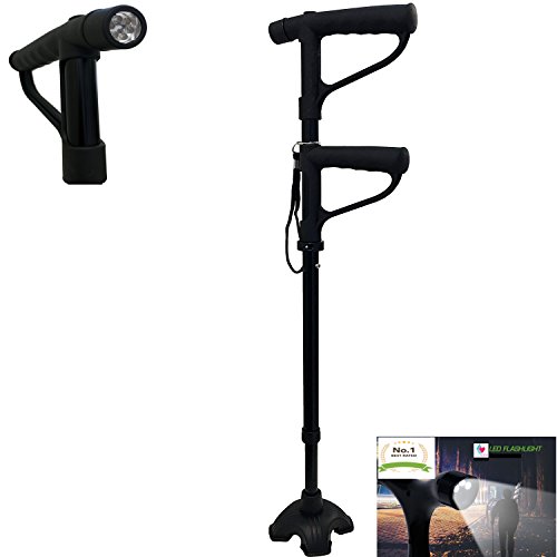 Multi-function Walking Cane Stick Double Handle Design With Flashlight LED Lights Build-in Comfortable cushion Handle Adjustable for get up and go Men and Women (Black) - Maximum Comfort