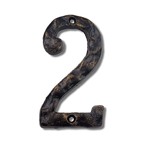 6 Inch House Numbers- Rustic Cast Iron Home Address Number- Featuring Unique Hammered Appearance with Uneven Antique Brass Finished, Number 2
