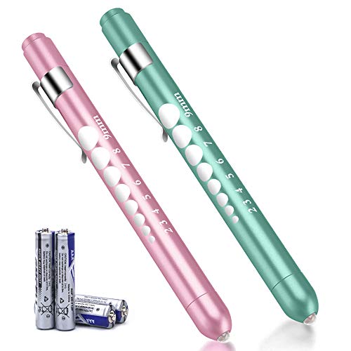 FITA Medical Pen Lights for Nurses Doctors, 2 Pack Reusable Penlight LED Tactical Flashlight White Light with Pupil Gauge and Ruler, Replaceable Batteries (Pale Pink/Teal Green)