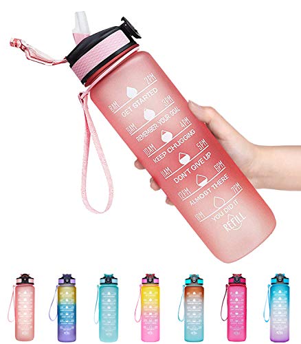 Giotto 32oz Large Leakproof BPA Free Drinking Water Bottle with Time Marker & Straw to Ensure You Drink Enough Water Throughout The Day for Fitness and Outdoor Enthusiasts-Light Pink