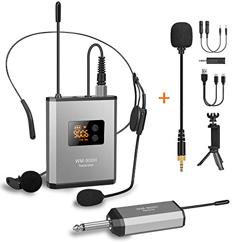 UHF Wireless Lavalier Microphone System with 48 Frequencies, Lavalier Lapel MIC/Headset MIC/Stand MIC Rechargeable Transmitter & 1/4” Output Receiver for iPhone, Camera, PA Speaker, Video Recording