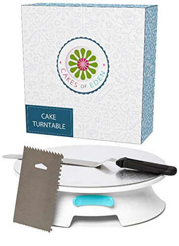 Foreversmooth Cake Turntable Stand- W/break Smoother Rotating Frosting Decorating Supplies Kit W/offset Spatula Set, Icing Bench Scraper, Cake Boards. 12 Inch White Spinner Baking Accessories Tools