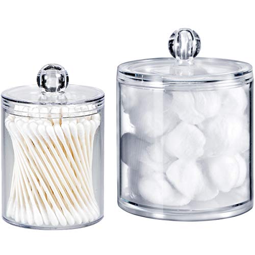 Qtip Dispenser Holder Bathroom Vanity Organizer Apothecary Jars Canister Set for Cotton Ball,Cotton Swab,Q-tips,Cotton Rounds,Bath Salts,Premium Quality Plastic Acrylic Clear | 2 Pack,10 Oz. & 20 Oz.