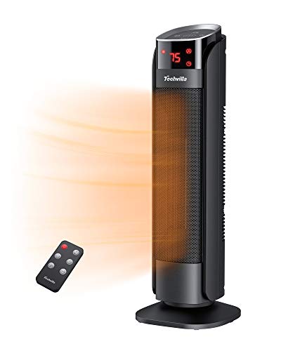 Space Heater, Techvilla 1500W PTC Ceramic Heater with Digital thermostat, Fast Heating Portable Tower Heater with 8H Timer, Oscillating Electric Heater with Overheat & Tip-over Protection, LED Display and Remote for Home and Office
