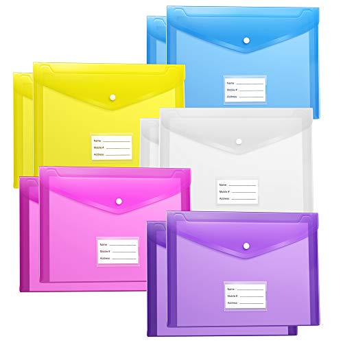 Fabnuts Plastic Pocket folders with snap Closure 10 Pack US Letter A4 Size Clear Poly File Envelopes with Label Pocket for School/Home/Office - Assorted Colors