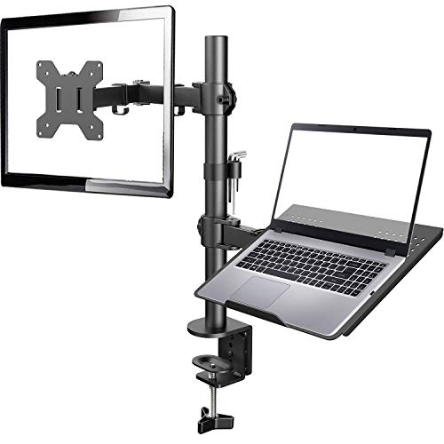 Laptop Monitor Mount Stand with Keyboard Tray, Adjustable Notebook Desk Mount with Clamp and Grommet Mounting Base for 13 to 27 Inch LCD Computer Screens Up to 22lbs, Notebook up to 15.6”, Black