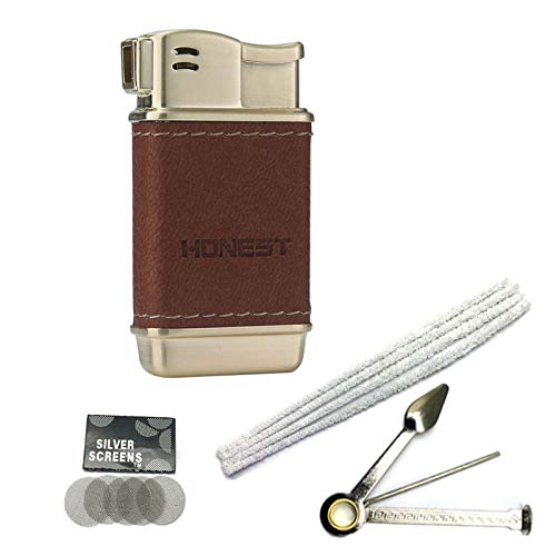 Pipe Lighter Soft Flame Refillable Butane Lighters Czech Pipe Tools Cleaners Hard Bristle Pipe Filters (G Brown Leather)