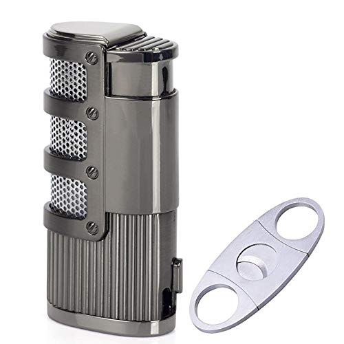 Cigar Cutter and Lighter Set, Cigar Punch Lighter Triple Jet Flame Butane Cigarette Torch Lighter (Silver)