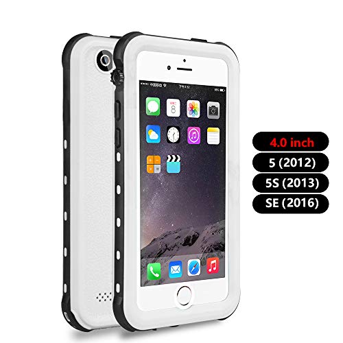 iPhone 5 5S SE Waterproof Case, IP68 Certified Waterproof Shockproof Dirtproof Snowproof Heavy Duty Protective Cover, Full Sealed Case with Built-in Screen Protector for iPhone 5 5S SE (White)