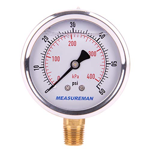 Measureman 2-1/2' Dial Size, Liquid Filled Pressure Gauge, 0-60psi/kpa, 304 Stainless Steel Case, 1/4'NPT Lower Mount