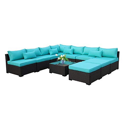 Rattaner 10 Piece Patio Sectional Furniture Set Outdoor PE Wicker Rattan Conversation Sofa with Turquopise Cushion