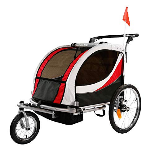 Clevr Deluxe 3-in-1 Double 2 Seat Bicycle Bike Trailer Jogger Stroller for Kids Children | Foldable w/Pivot Front Wheel, Red